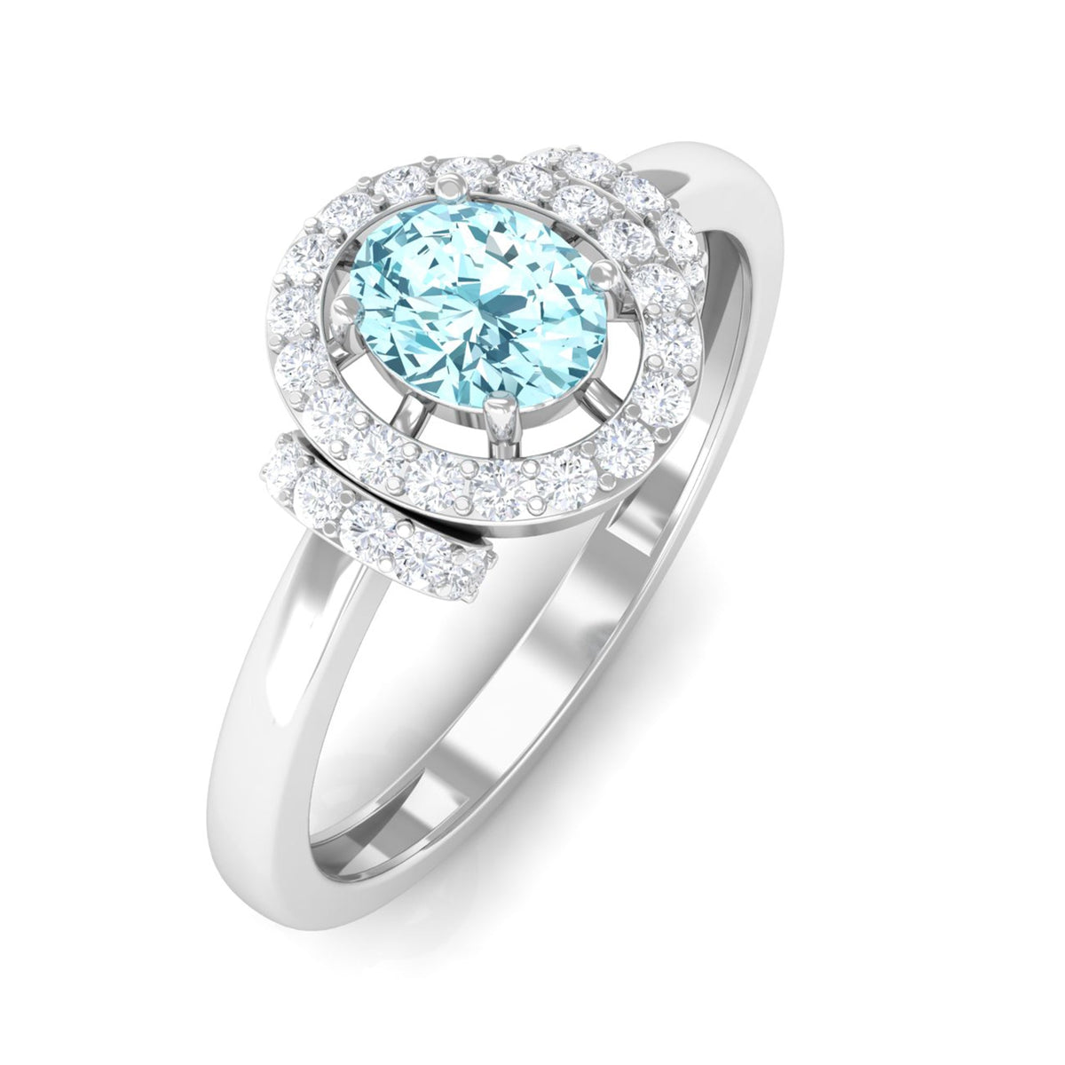 0.50 CT aquamarine halo engagement ring with diamonds from Rosec Jewels, featuring a central aquamarine gemstone and diamond accents.