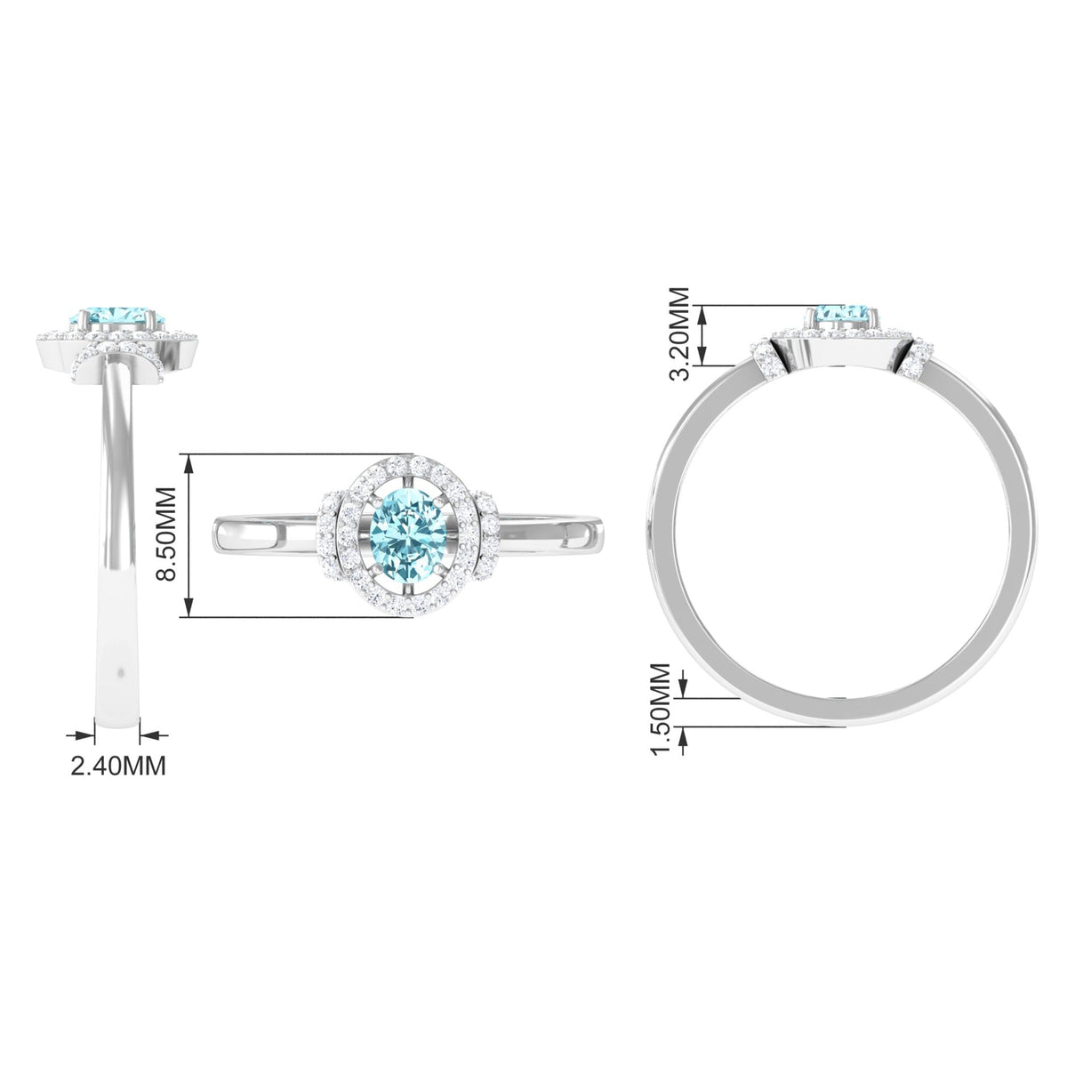 Rosec Jewels 0.50 CT aquamarine halo engagement ring with diamond accents, featuring a central aquamarine gemstone and intricate band design.