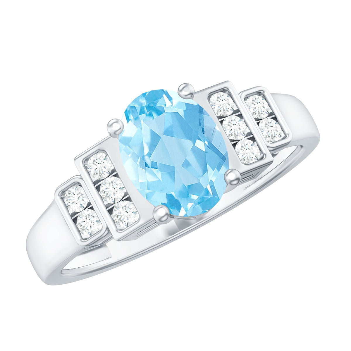 Real 6x8mm aquamarine engagement ring with diamond accents from Rosec Jewels, showcasing the elegant gemstone setting and band design.