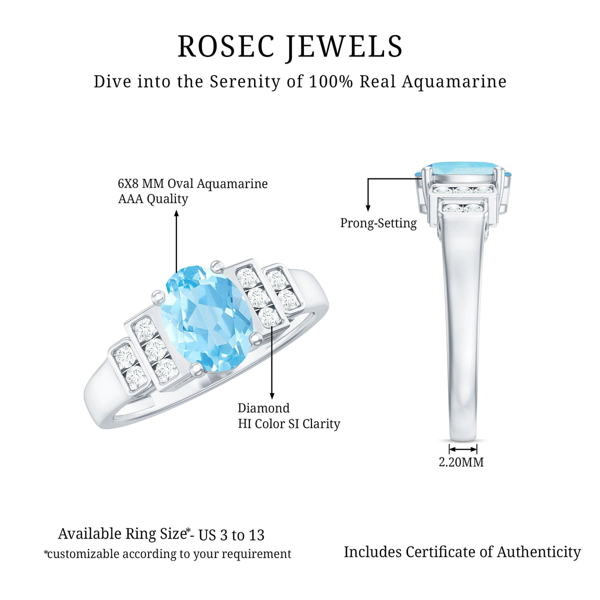 Real 6x8mm aquamarine engagement ring with diamond accent, featuring a rose gold band from Rosec Jewels.