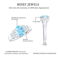 Real 6x8mm aquamarine engagement ring with diamond accent, featuring a rose gold band from Rosec Jewels.