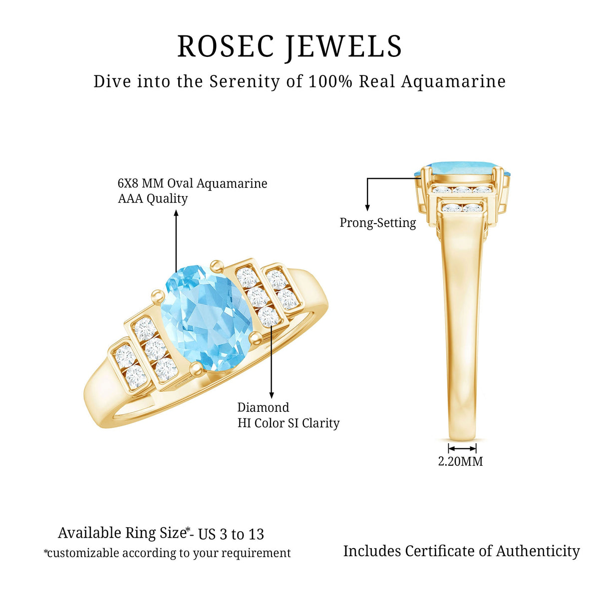 Real 6x8mm aquamarine engagement ring with diamond accent from Rosec Jewels, showcasing a stunning gemstone and elegant band design.