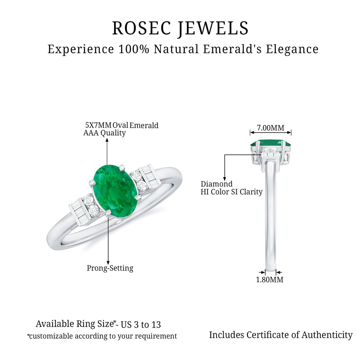 Natural emerald and diamond engagement ring for her featuring a stunning gemstone design in a Rosec Jewels ring setting.