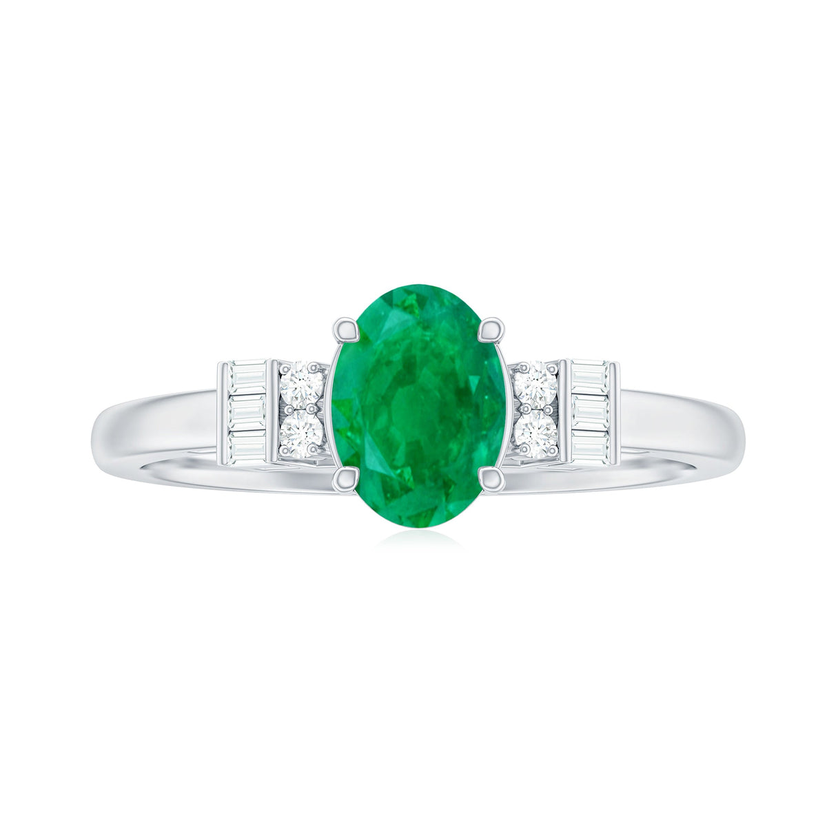 Natural emerald and diamond engagement ring for her featuring a central emerald gem surrounded by diamonds, set in a elegant ring design.