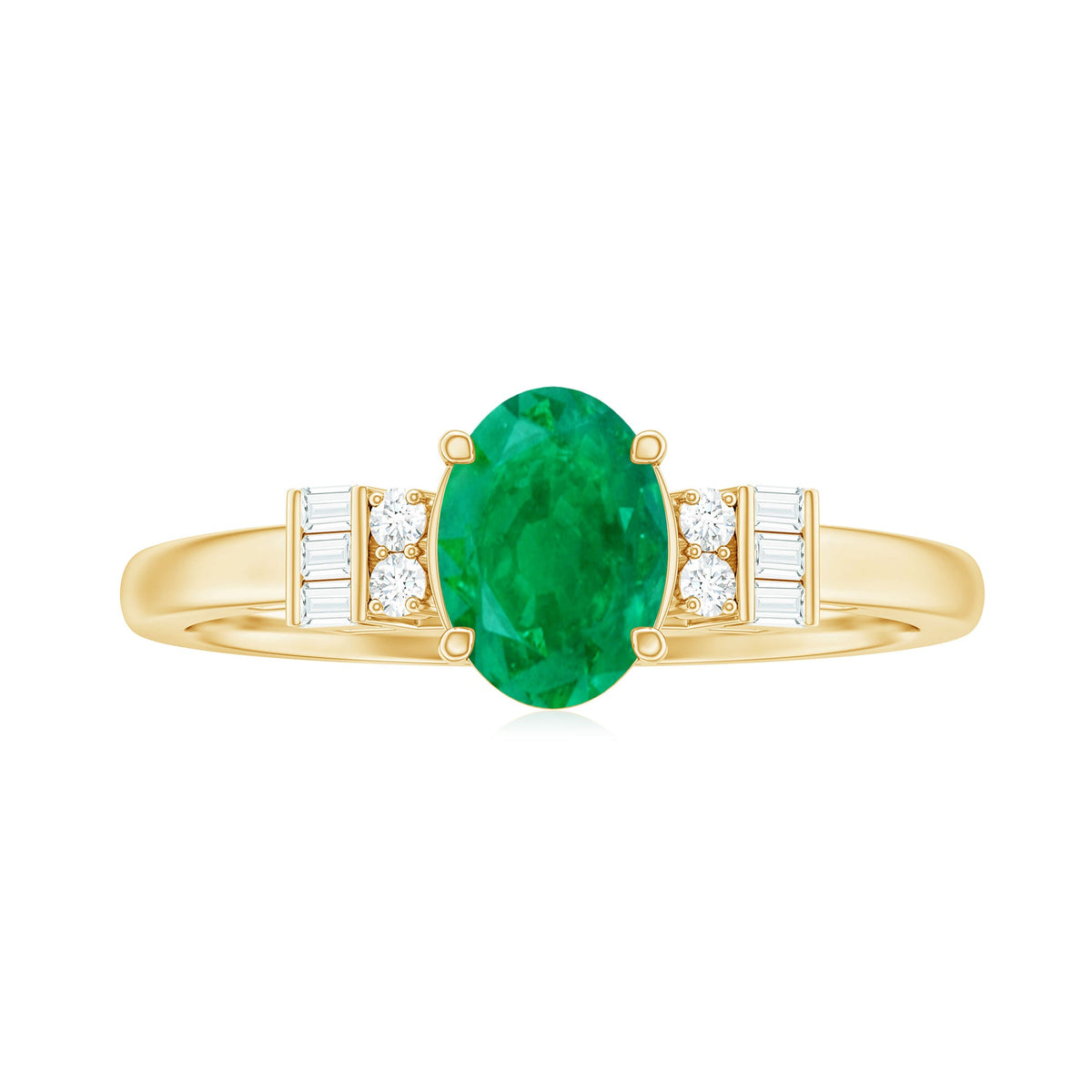 Natural emerald and diamond engagement ring for her featuring a central emerald surrounded by small diamonds, set in a elegant ring band.