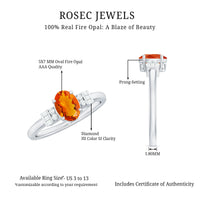 Natural oval cut fire opal engagement ring with diamond accents, crafted by Rosec Jewels, showcasing a classic elegant design.