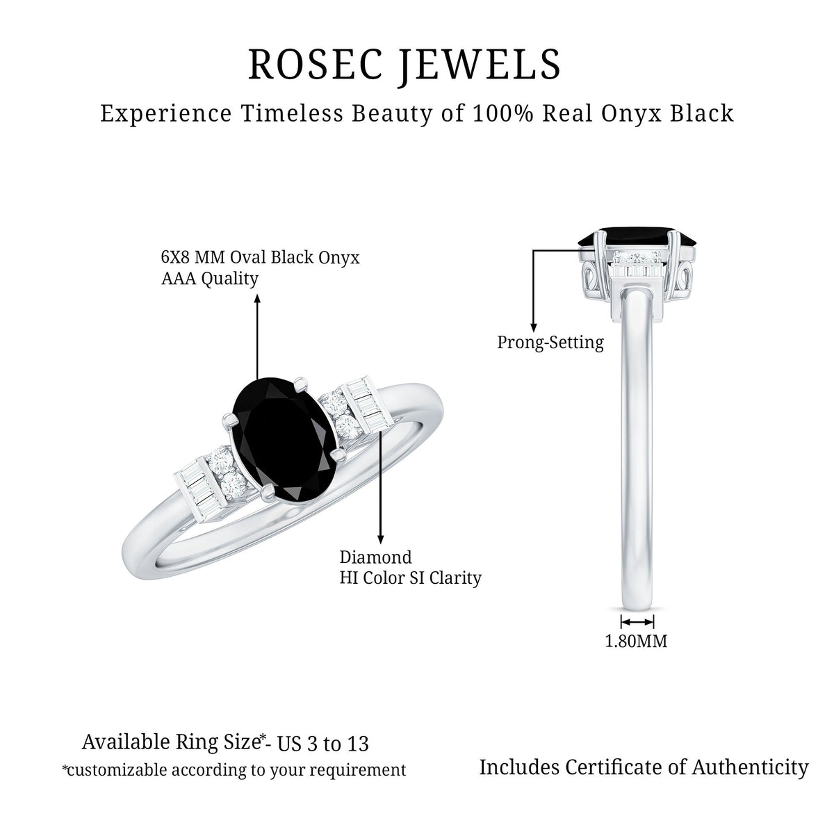 6X8mm Oval Cut Black Onyx Solitaire Engagement Ring with Diamond