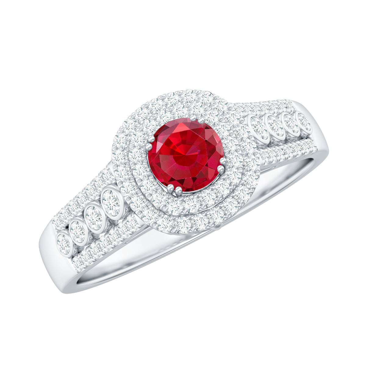 Antique Style Lab Ruby and Moissanite Double Halo Engagement Ring