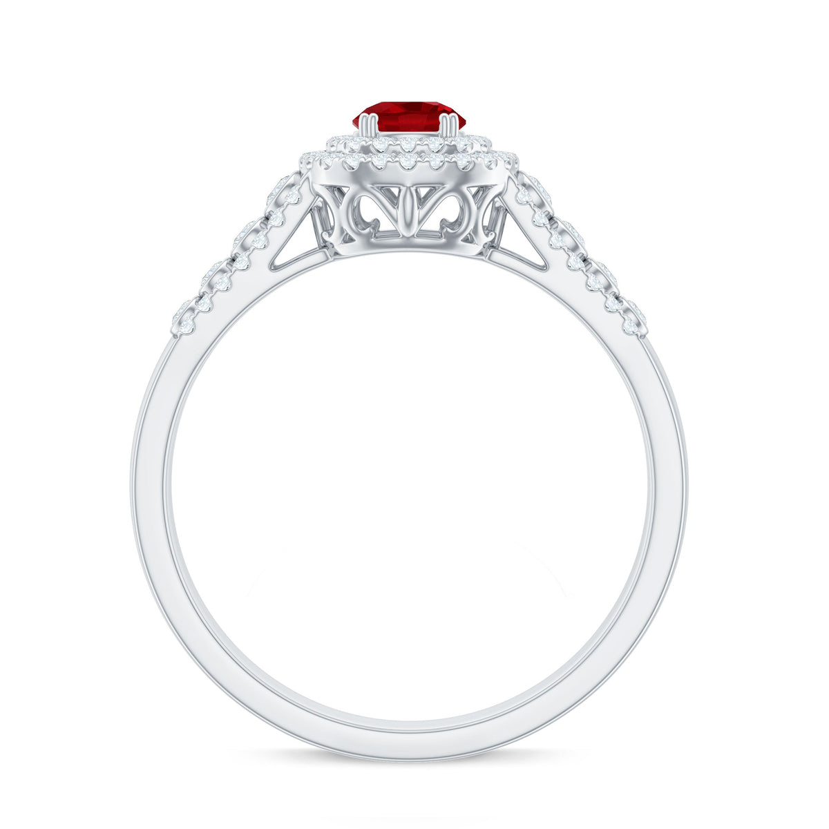 Antique Style Lab Ruby and Moissanite Double Halo Engagement Ring