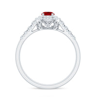 Antique Style Lab Ruby and Moissanite Double Halo Engagement Ring