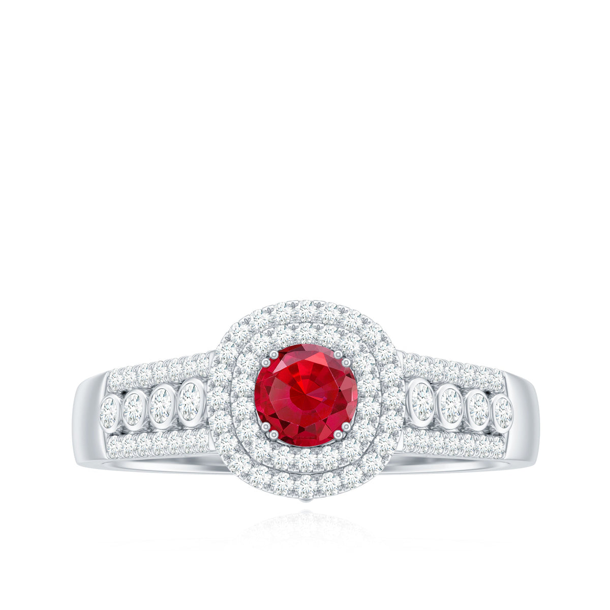Antique Style Lab Ruby and Moissanite Double Halo Engagement Ring