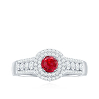 Antique Style Lab Ruby and Moissanite Double Halo Engagement Ring