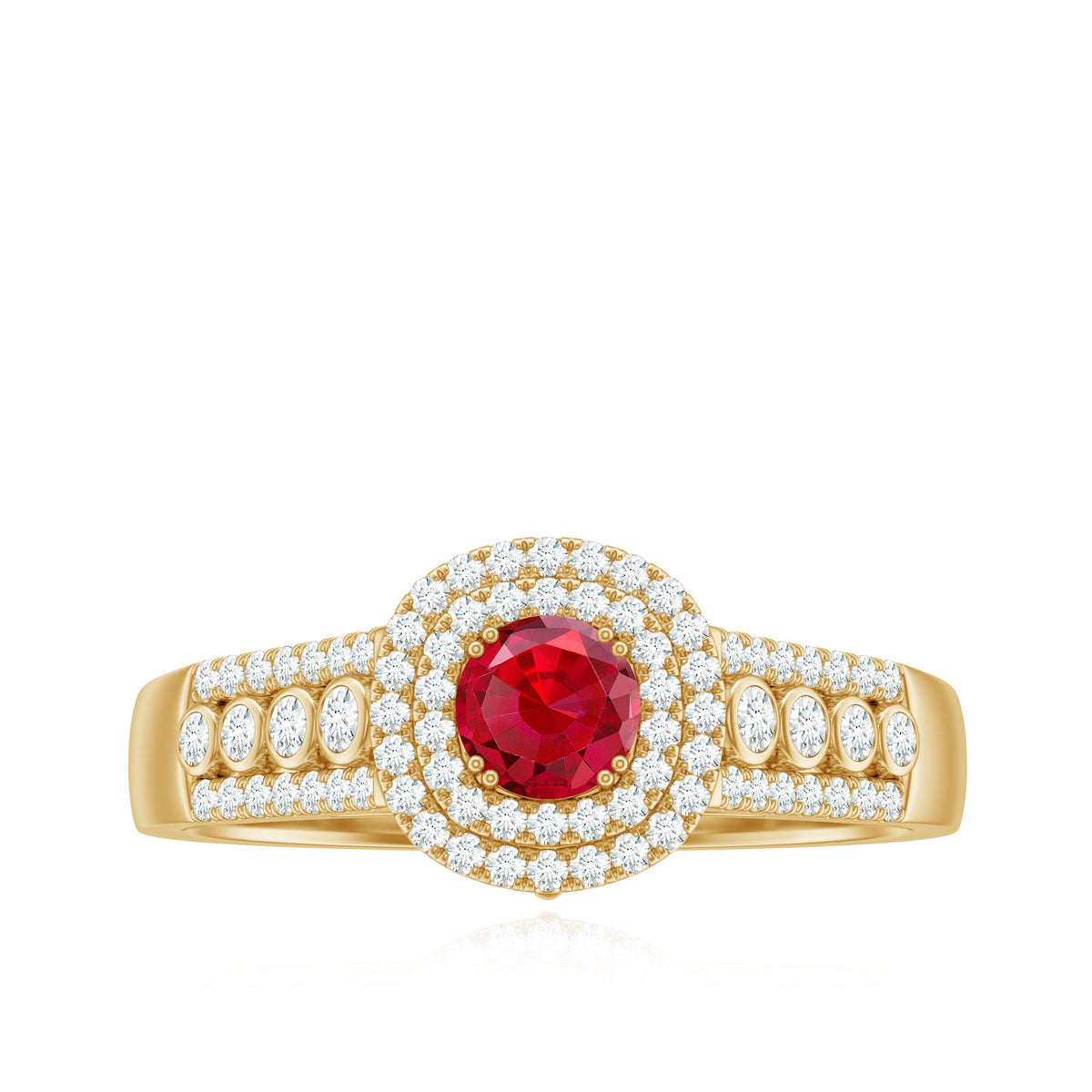 Antique Style Lab Ruby and Moissanite Double Halo Engagement Ring