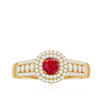 Antique Style Lab Ruby and Moissanite Double Halo Engagement Ring