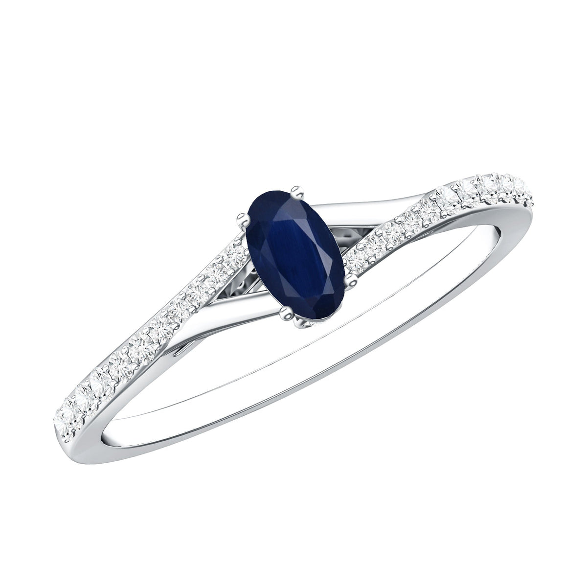 Natural 0.6 Carat Blue Sapphire engagement ring with diamond split shank by Rosec Jewels, featuring a sleek minimalist design.
