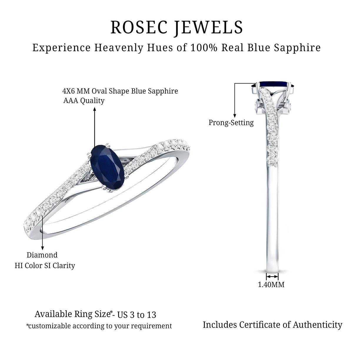 Natural 0.6 carat blue sapphire engagement ring with diamond split shank by Rosec Jewels, featuring a sleek and elegant design.
