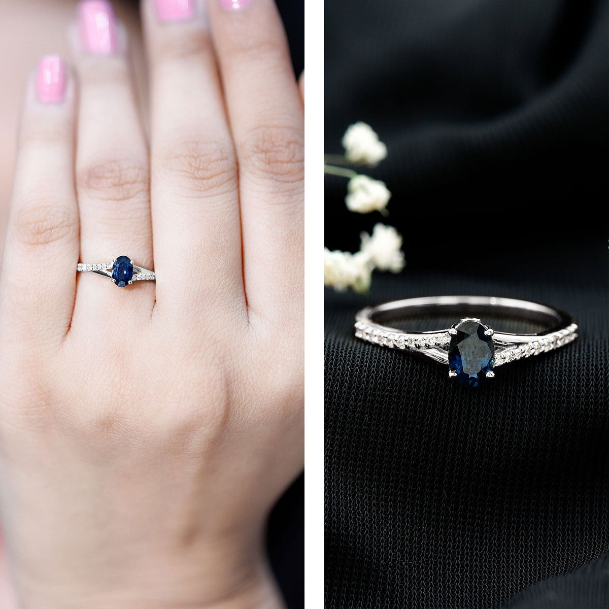 Natural 0.6 Carat blue sapphire engagement ring with diamond split shank by Rosec Jewels, showcasing the elegant ring design and sparkling stones.