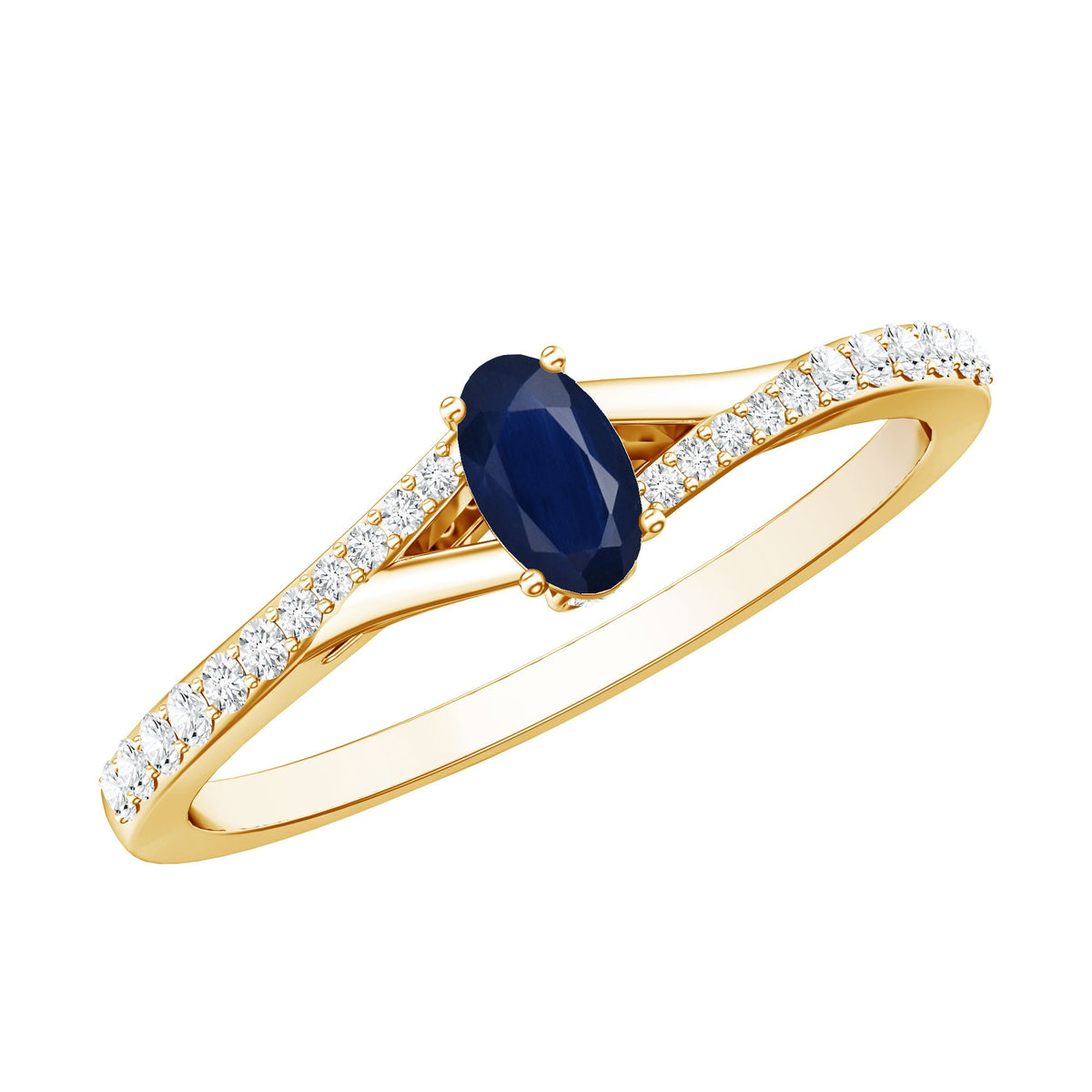 Natural 0.6 Carat blue sapphire engagement ring with diamond split shank from Rosec Jewels, featuring a minimalist design.