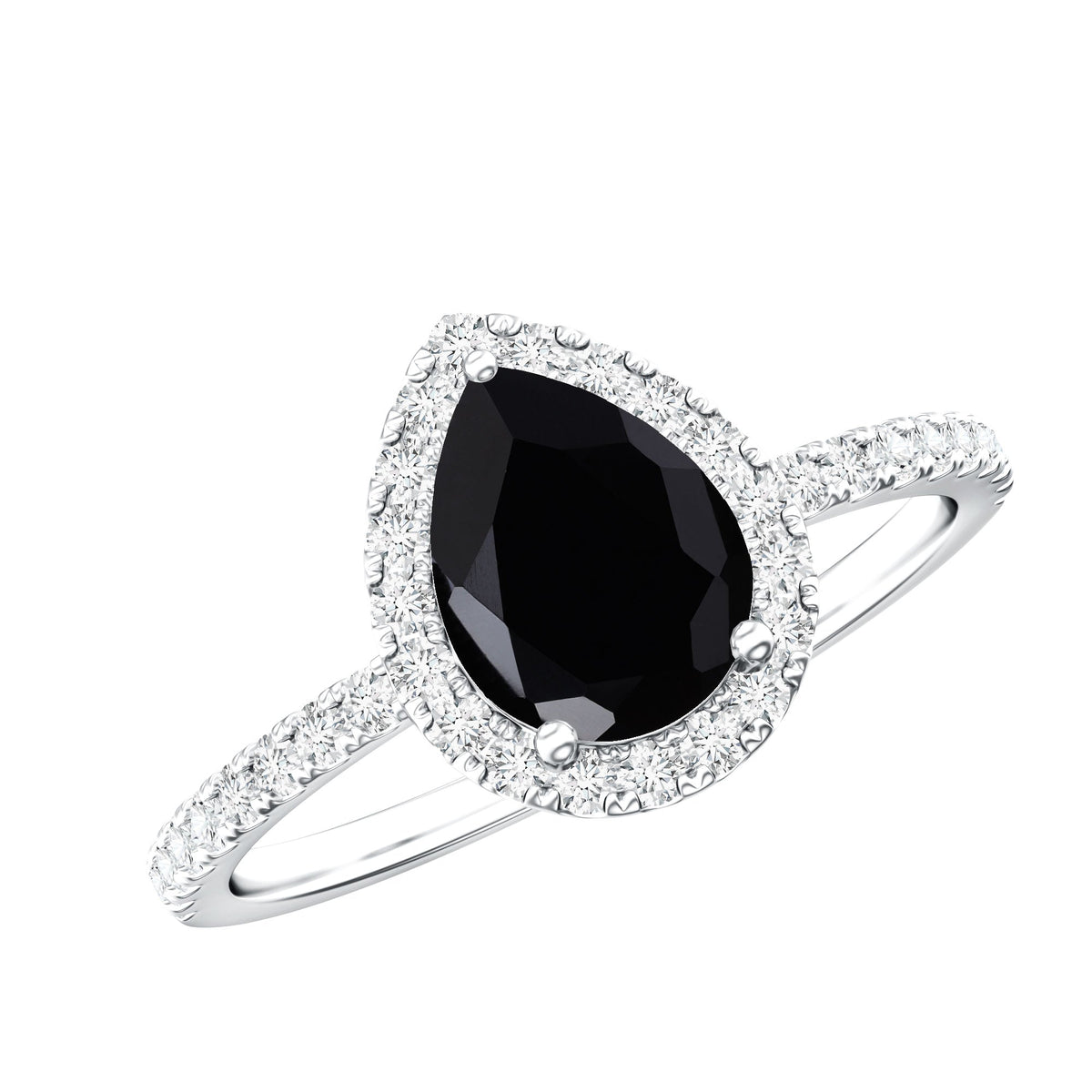 Lab grown black diamond teardrop engagement ring with white diamond halo, featuring rose gold band and intricate detailing.