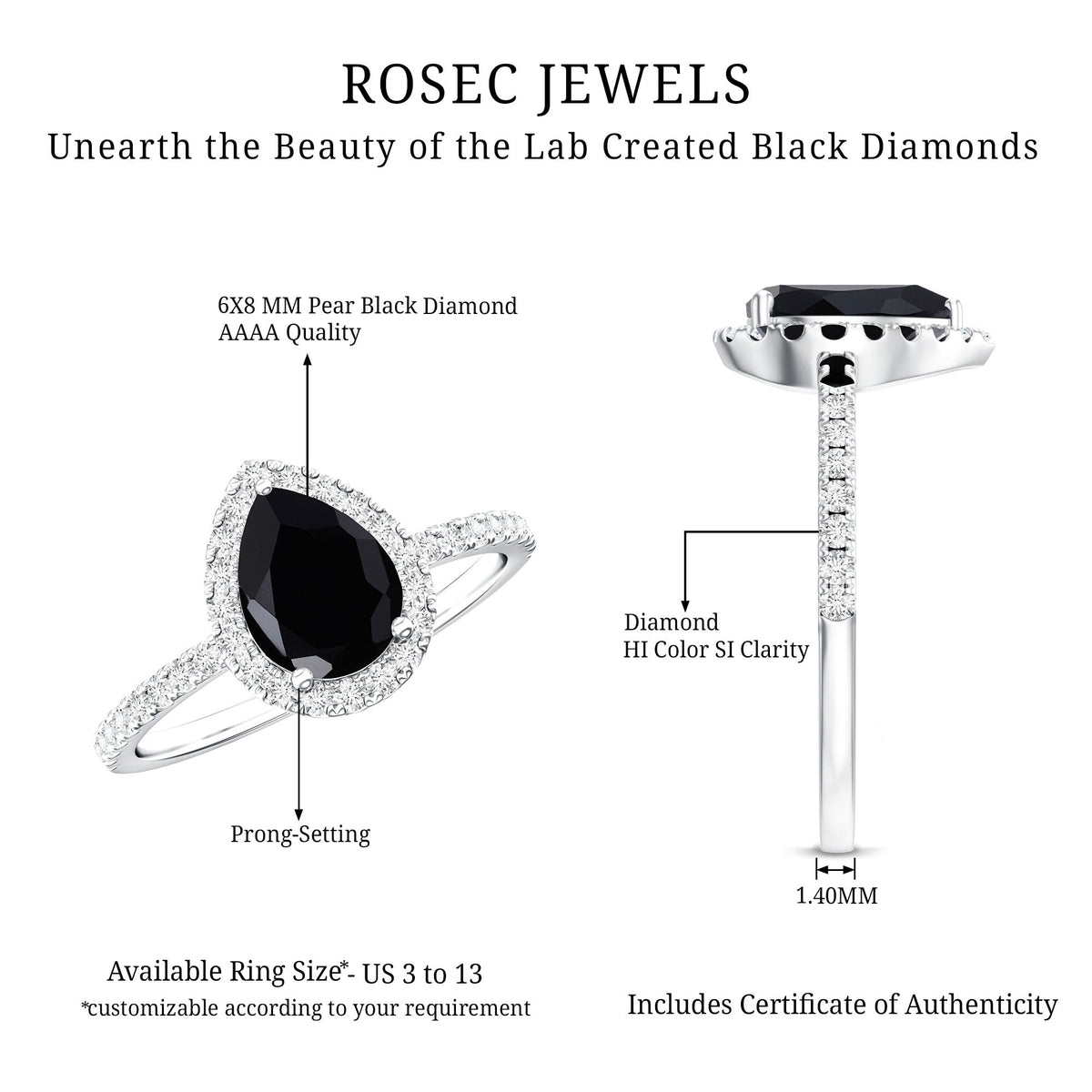 Lab grown black diamond teardrop engagement ring with white diamond halo by Rosec Jewels, showcasing intricate design and sparkling stones.