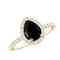 Lab grown black diamond teardrop engagement ring with white diamond halo by Rosec Jewels, showcasing intricate design and sparkling stones.