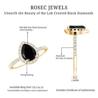 Black diamond teardrop engagement ring with white diamond halo from Rosec Jewels, showcasing the detailed design and sparkling stones.