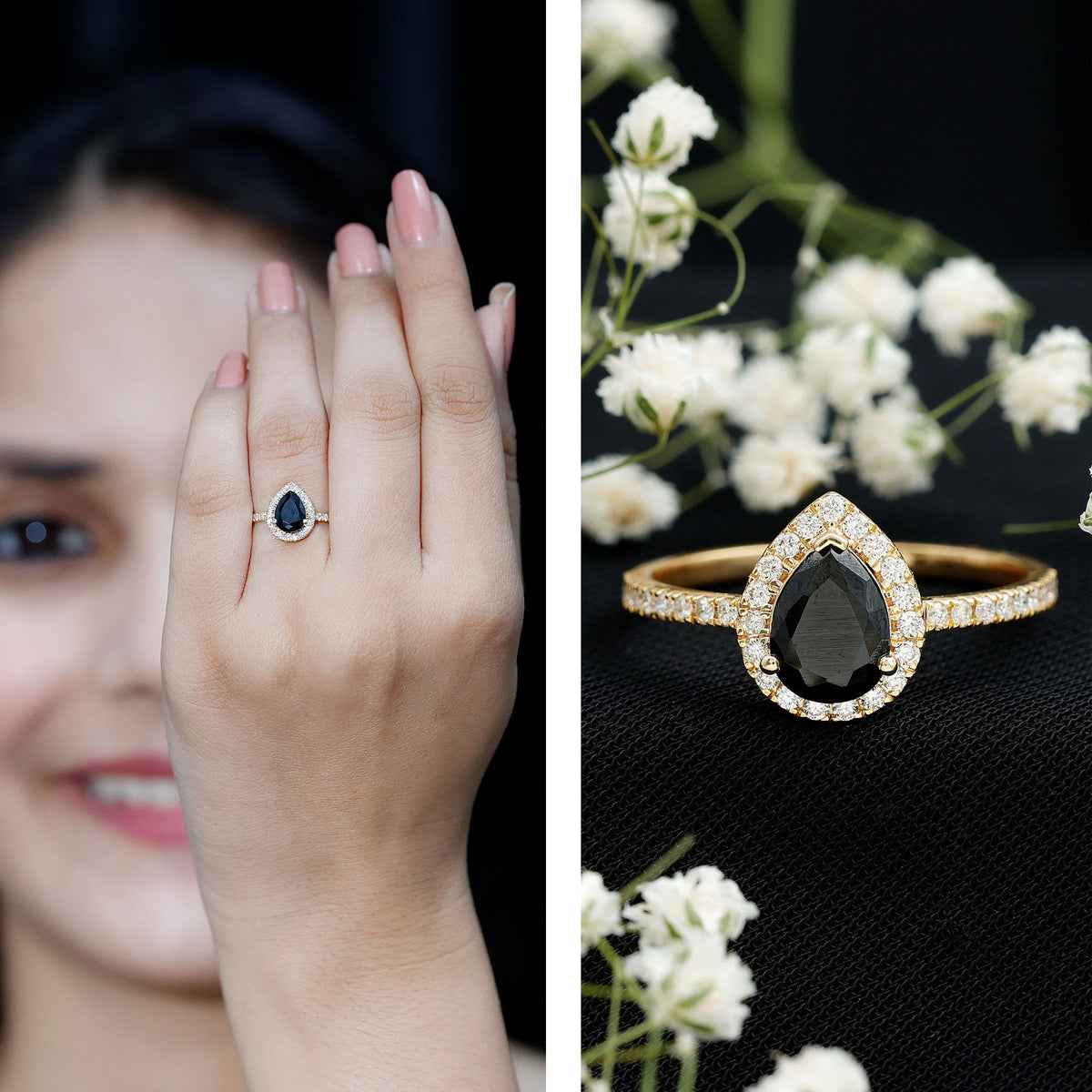 Lab grown black diamond teardrop engagement ring with white diamond halo, showcasing elegant craftsmanship by Rosec Jewels.