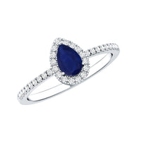 Natural half carat blue sapphire teardrop engagement ring with diamond halo, featuring a elegant Rosec Jewels design.