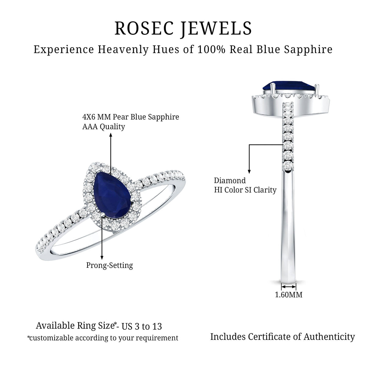 Natural half carat blue sapphire teardrop engagement ring with diamond halo, featuring rose gold band and intricate detailing.