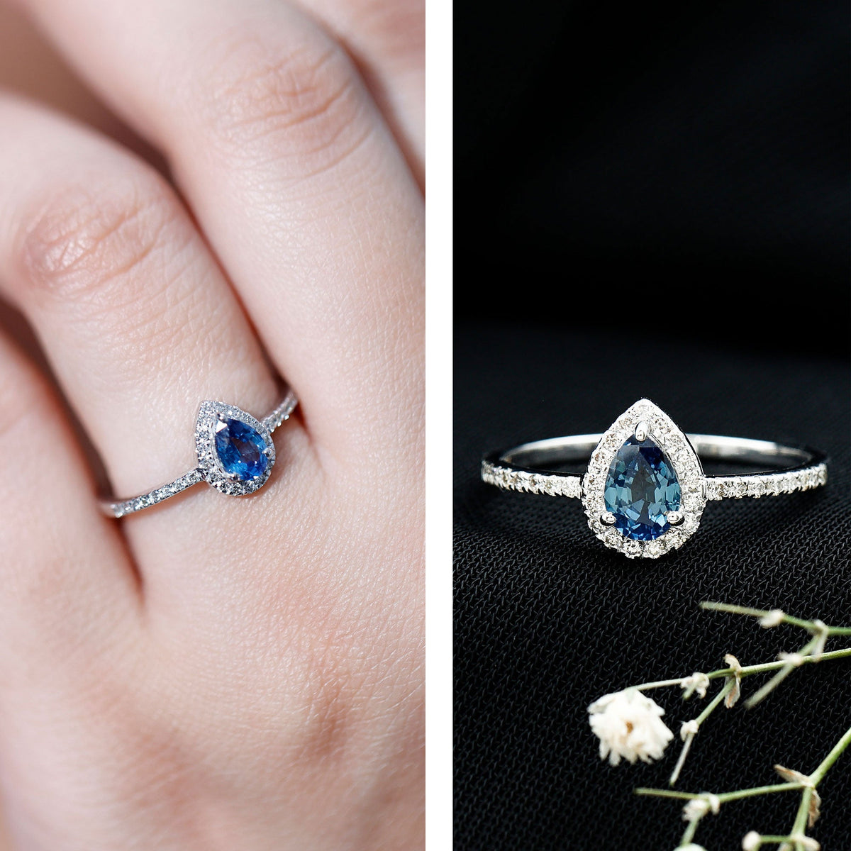 Natural half carat blue sapphire teardrop engagement ring with diamond halo, featuring a rose gold band and intricate detailing.
