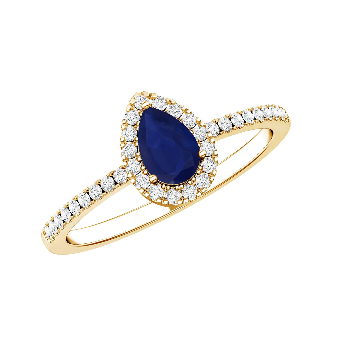 Natural half carat blue sapphire teardrop engagement ring with diamond halo, featuring a rose gold band and intricate design details.