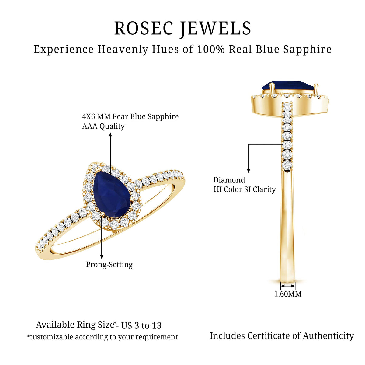 Natural half carat blue sapphire teardrop engagement ring with diamond halo, featuring a Rosec Jewels ring design in a detailed close-up.
