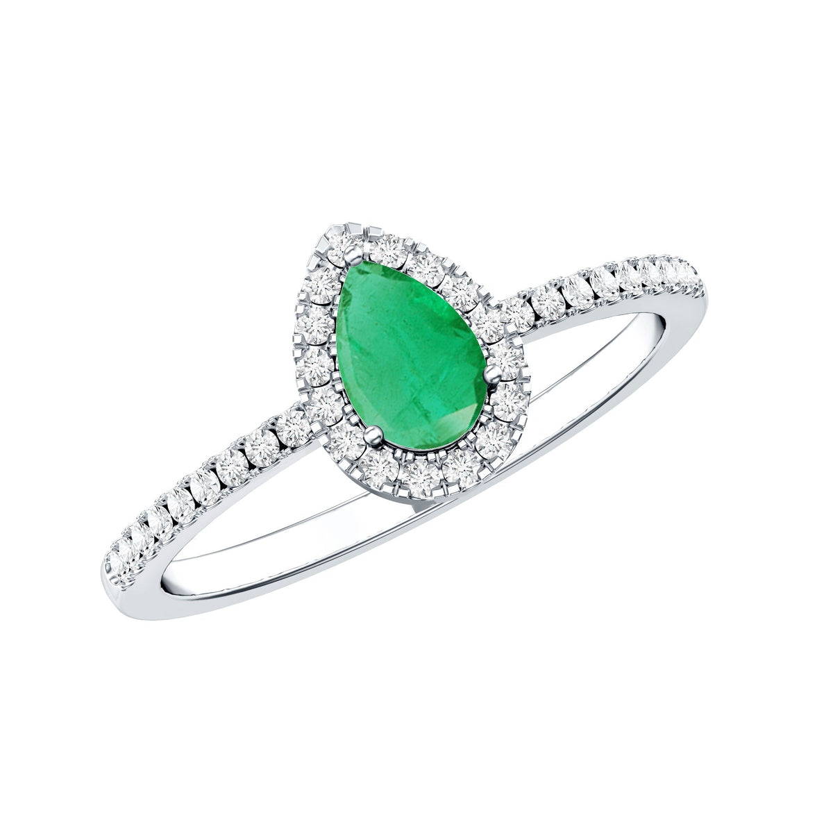 Pear-shaped emerald engagement ring with diamond halo, 0.3 carats, from Rosec Jewels, showcasing the detailed design and sparkling gemstones.