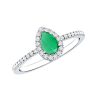 Pear-shaped emerald engagement ring with diamond halo, 0.3 carats, from Rosec Jewels, showcasing the detailed design and sparkling gemstones.