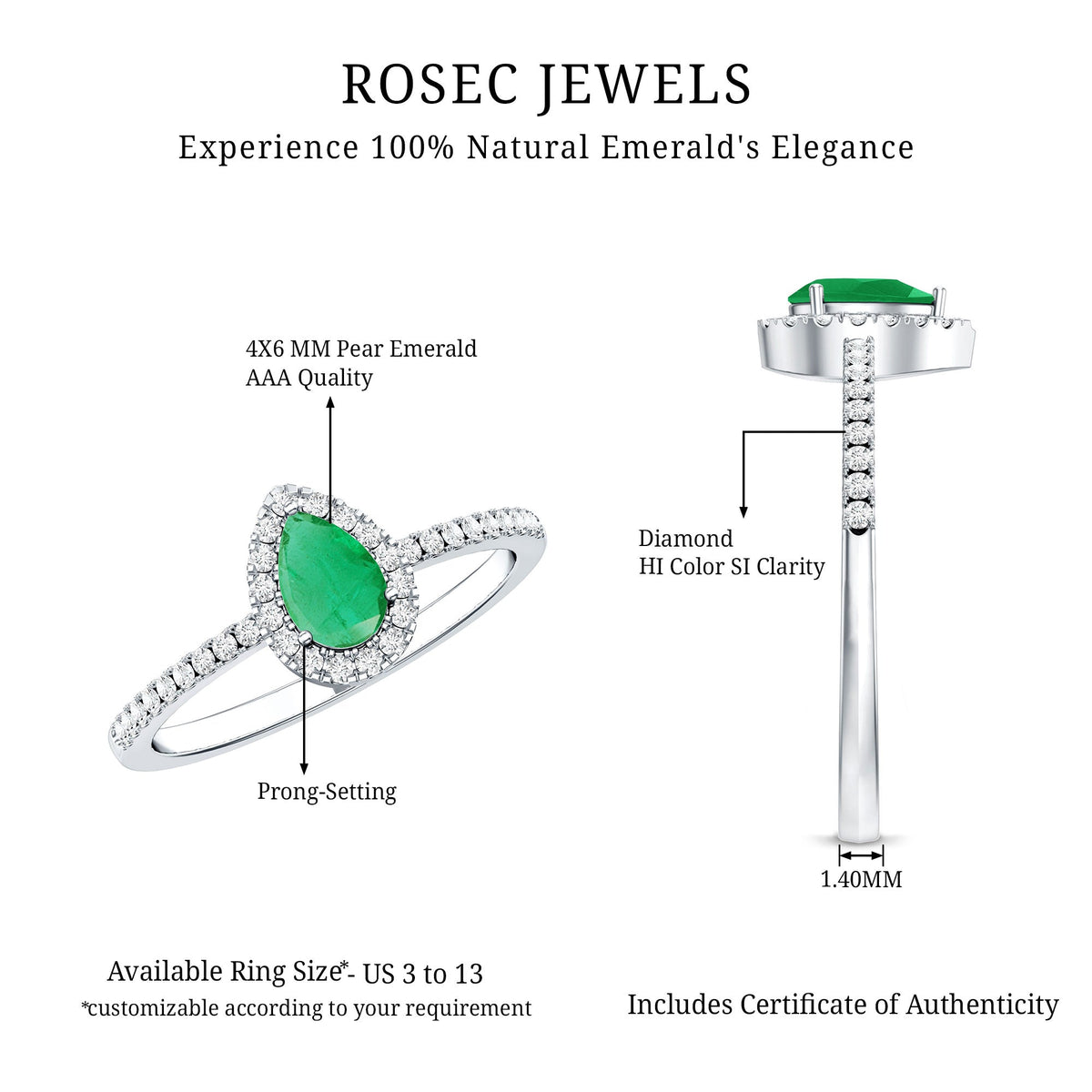 Pear-shaped emerald engagement ring with diamond halo, 0.3 carats, from Rosec Jewels, showcasing the detailed teardrop design and sparkling accents.