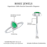Pear-shaped emerald engagement ring with diamond halo, 0.3 carats, from Rosec Jewels, showcasing the detailed teardrop design and sparkling accents.