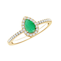 Pear-shaped emerald engagement ring with diamond halo by Rosec Jewels, showcasing a 0.3 carat pear cut emerald and sparkling diamond accents.