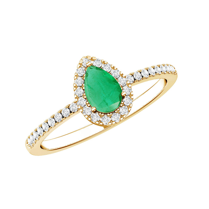 Pear-shaped emerald engagement ring with diamond halo by Rosec Jewels, showcasing a 0.3 carat pear cut emerald and sparkling diamond accents.