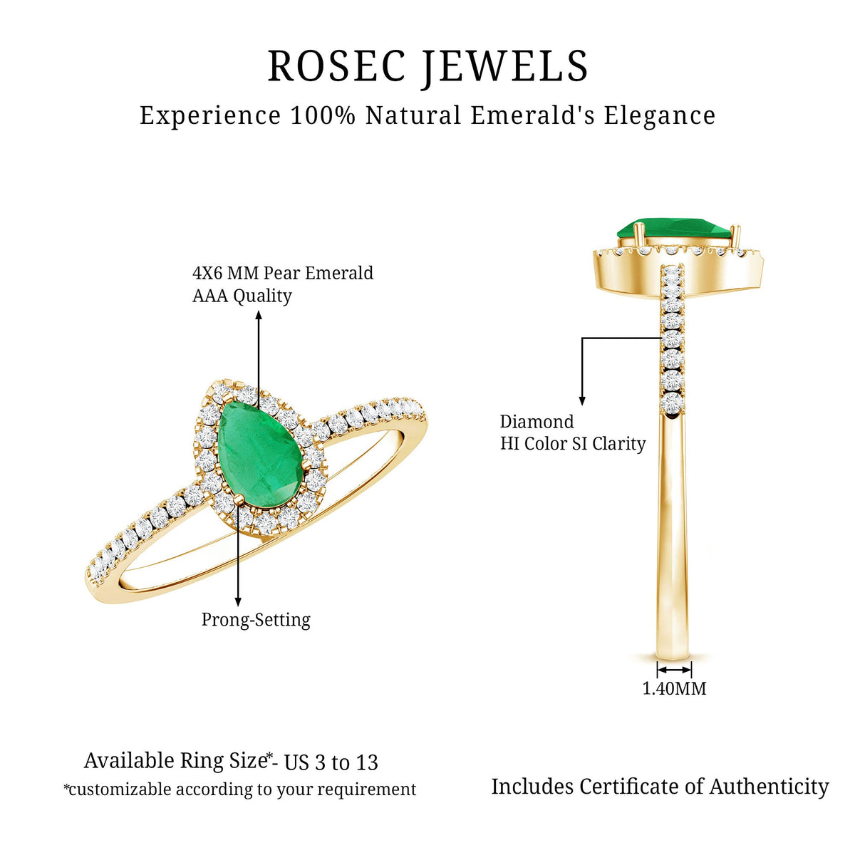Pear-shaped emerald engagement ring with diamond halo from Rosec Jewels, featuring a 0.3 carat emerald and sparkling accents.