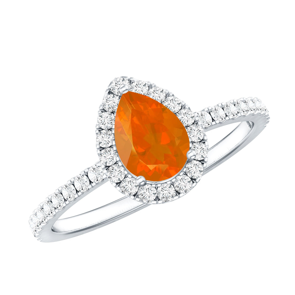 Genuine fire opal teardrop ring with diamond halo setting, featuring Rosec Jewels' elegant jewelry design.