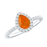 Genuine fire opal teardrop ring with diamond halo setting, featuring Rosec Jewels' elegant jewelry design.