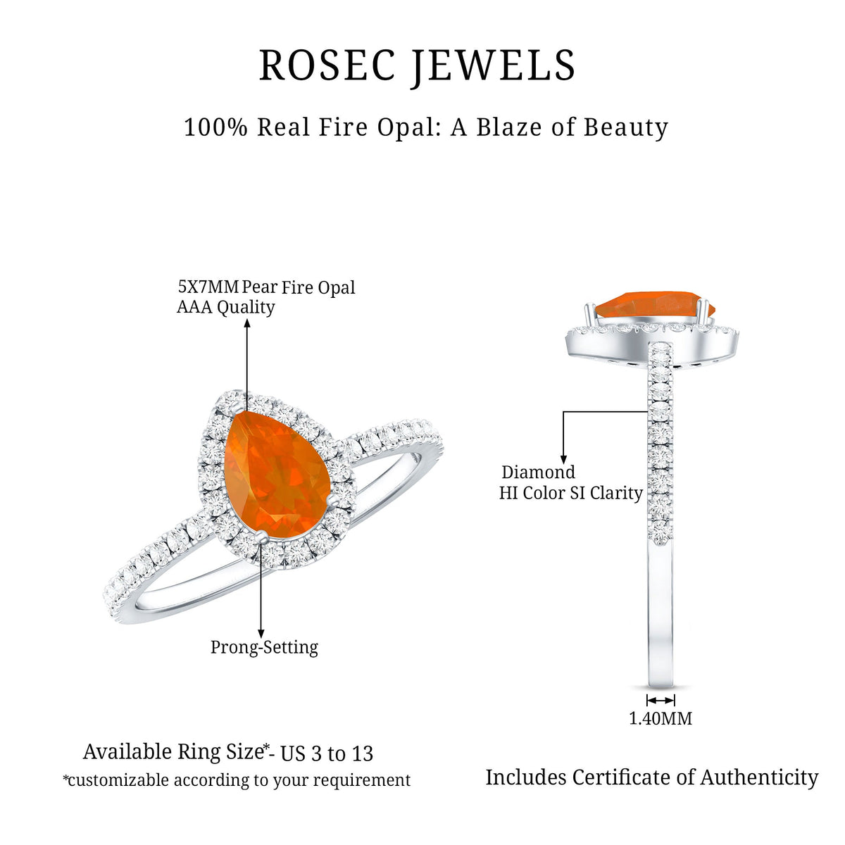 Genuine fire opal teardrop ring with diamond halo from Rosec Jewels, showcasing a vibrant orange gemstone and sparkling diamonds.
