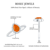 Genuine fire opal teardrop ring with diamond halo from Rosec Jewels, showcasing a vibrant orange gemstone and sparkling diamonds.