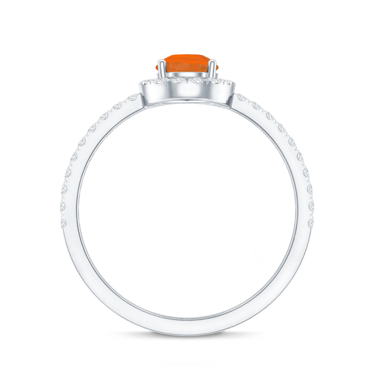 Genuine fire opal teardrop ring with diamond halo from Rosec Jewels, featuring a vibrant orange gemstone and sparkling diamond accents.