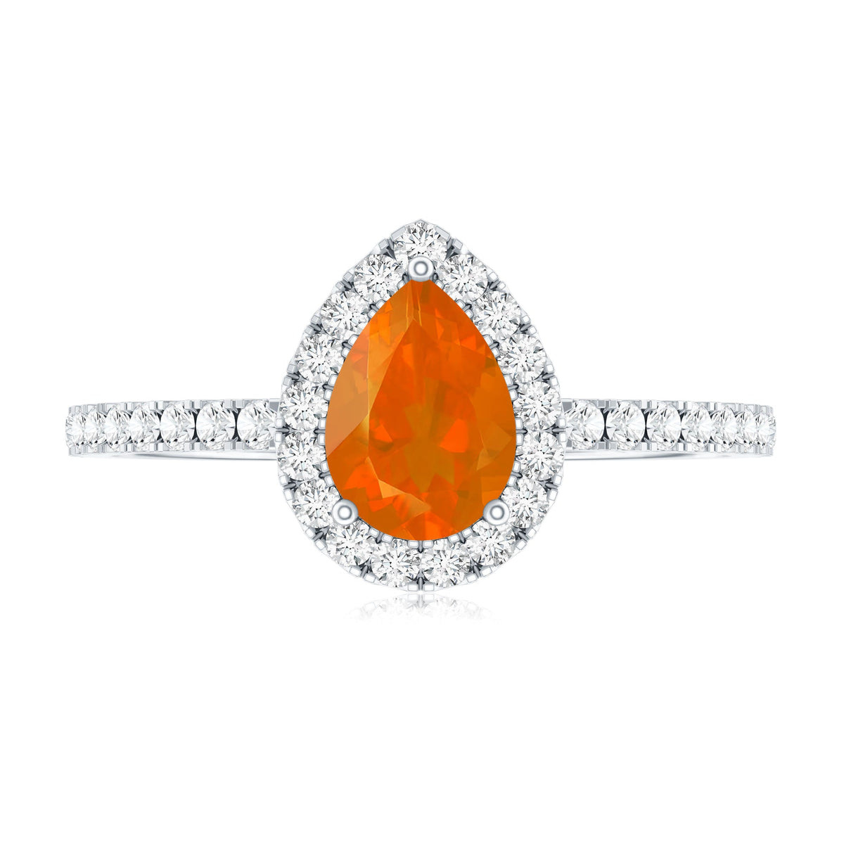 Genuine fire opal teardrop ring with diamond halo, Rosec Jewels rings featuring vibrant orange-red gemstone and sparkling accents.