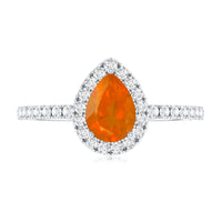 Genuine fire opal teardrop ring with diamond halo, Rosec Jewels rings featuring vibrant orange-red gemstone and sparkling accents.