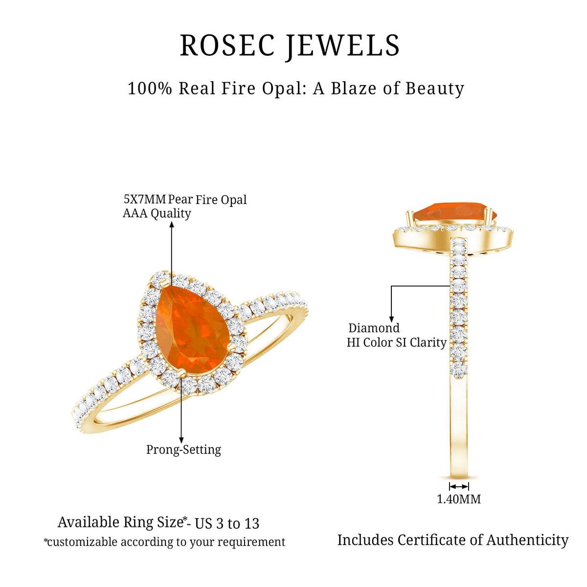 Genuine fire opal teardrop ring with diamond halo from Rosec Jewels, featuring a vibrant orange-red opal and sparkling diamond accents.