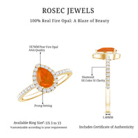 Genuine fire opal teardrop ring with diamond halo from Rosec Jewels, featuring a vibrant orange-red opal and sparkling diamond accents.