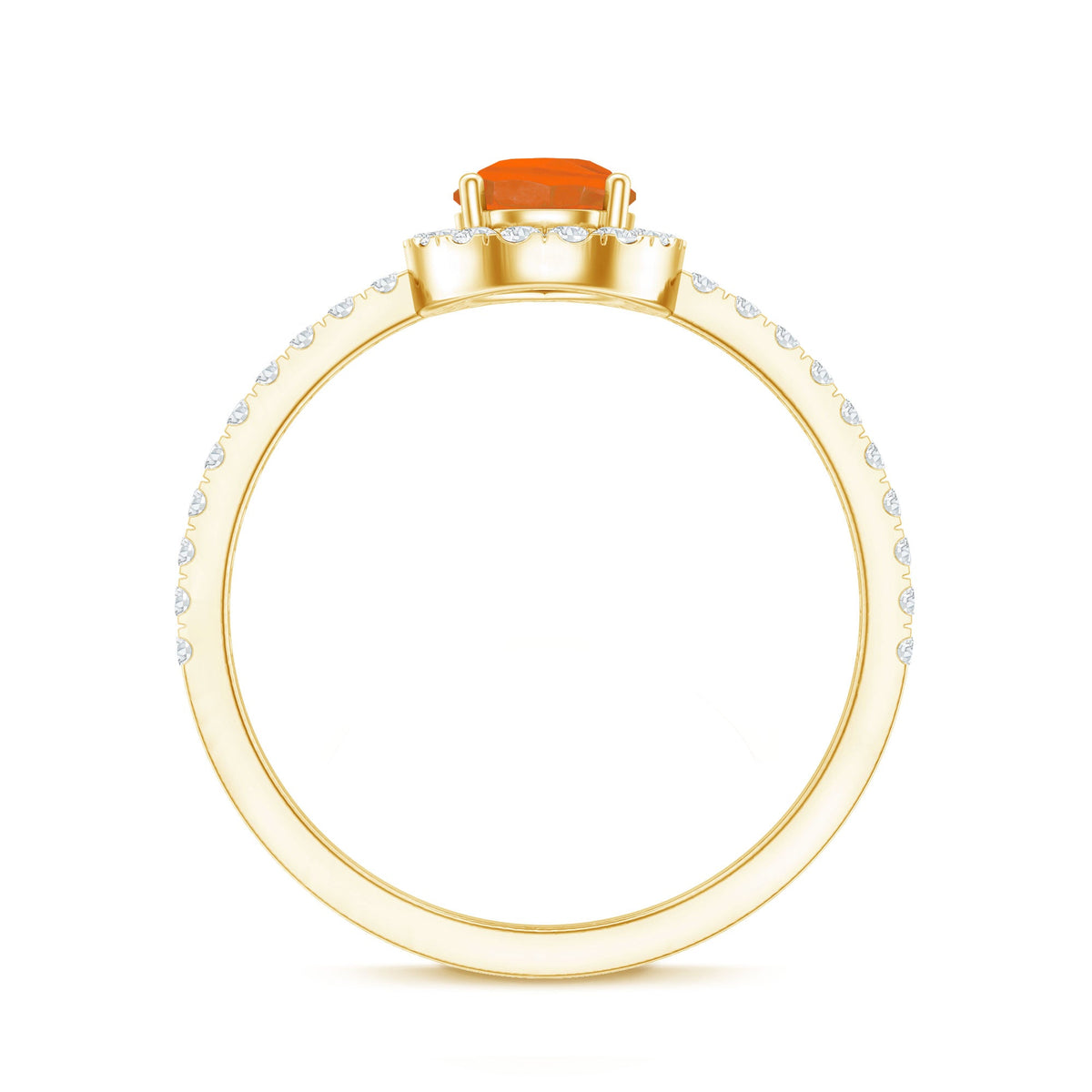 Genuine fire opal teardrop ring with diamond halo, featuring rose gold band and intricate design from Rosec Jewels.