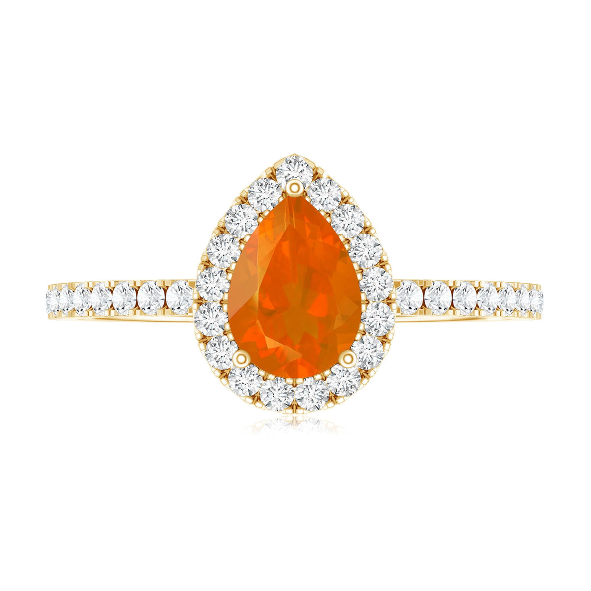 Genuine fire opal teardrop ring with diamond halo by Rosec Jewels, featuring a vibrant orange fire opal and sparkling diamond accents.